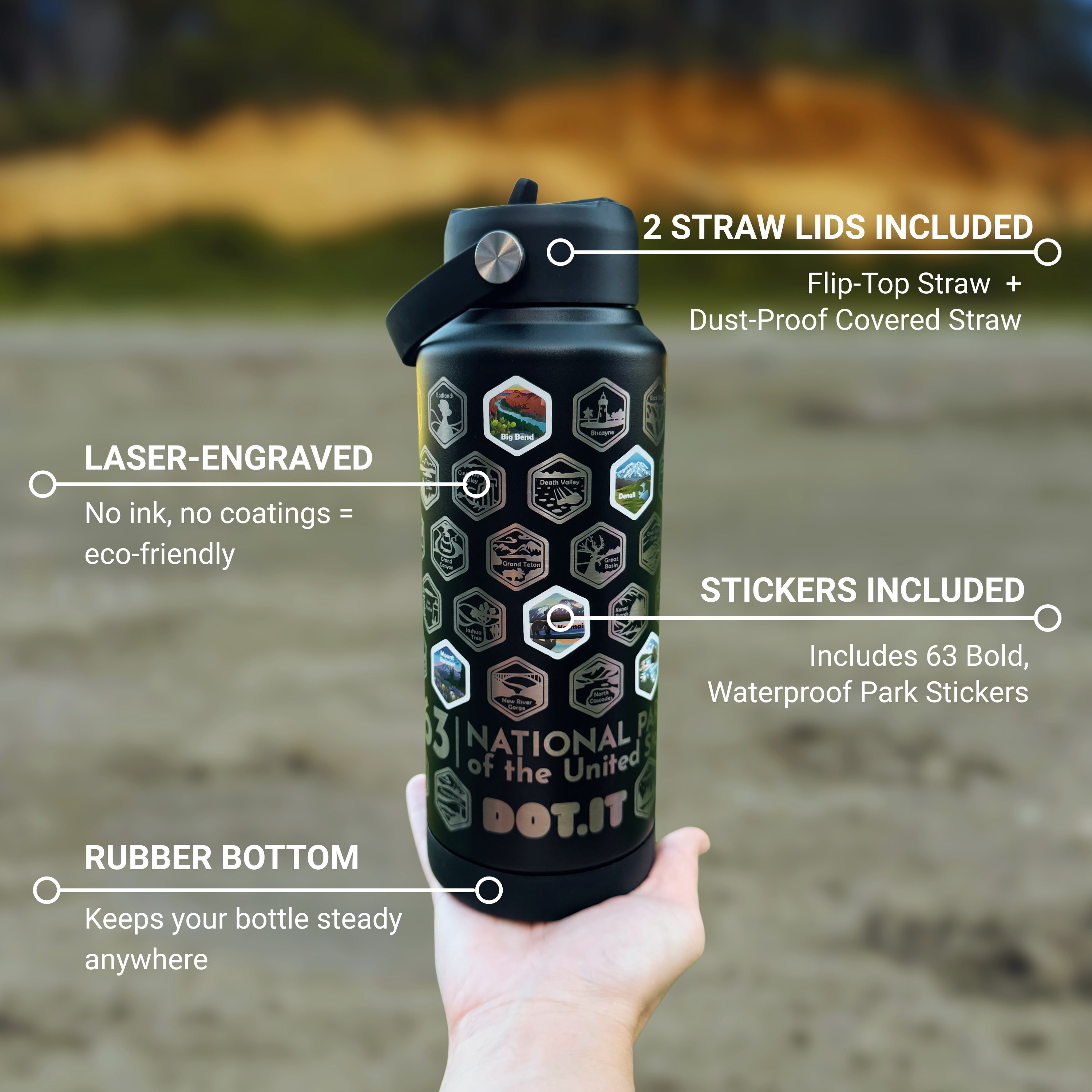 63 National Parks Engraved Thermo Bottle + Stickers