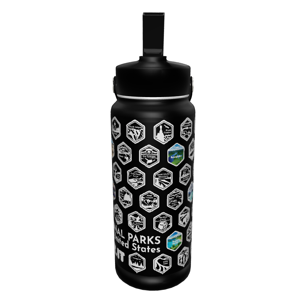 32oz matte black DOT.IT water bottle engraved with 63 U.S. National Parks